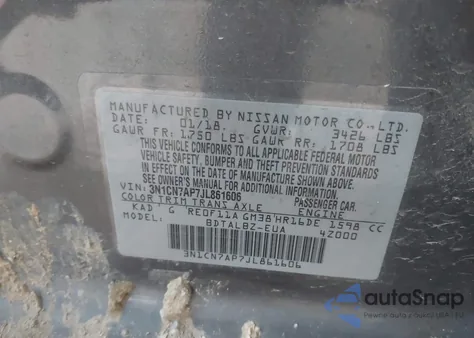 2018 Nissan Versa 1.6 Sv from USA, damaged, VIN 3N1CN7AP7JL861606